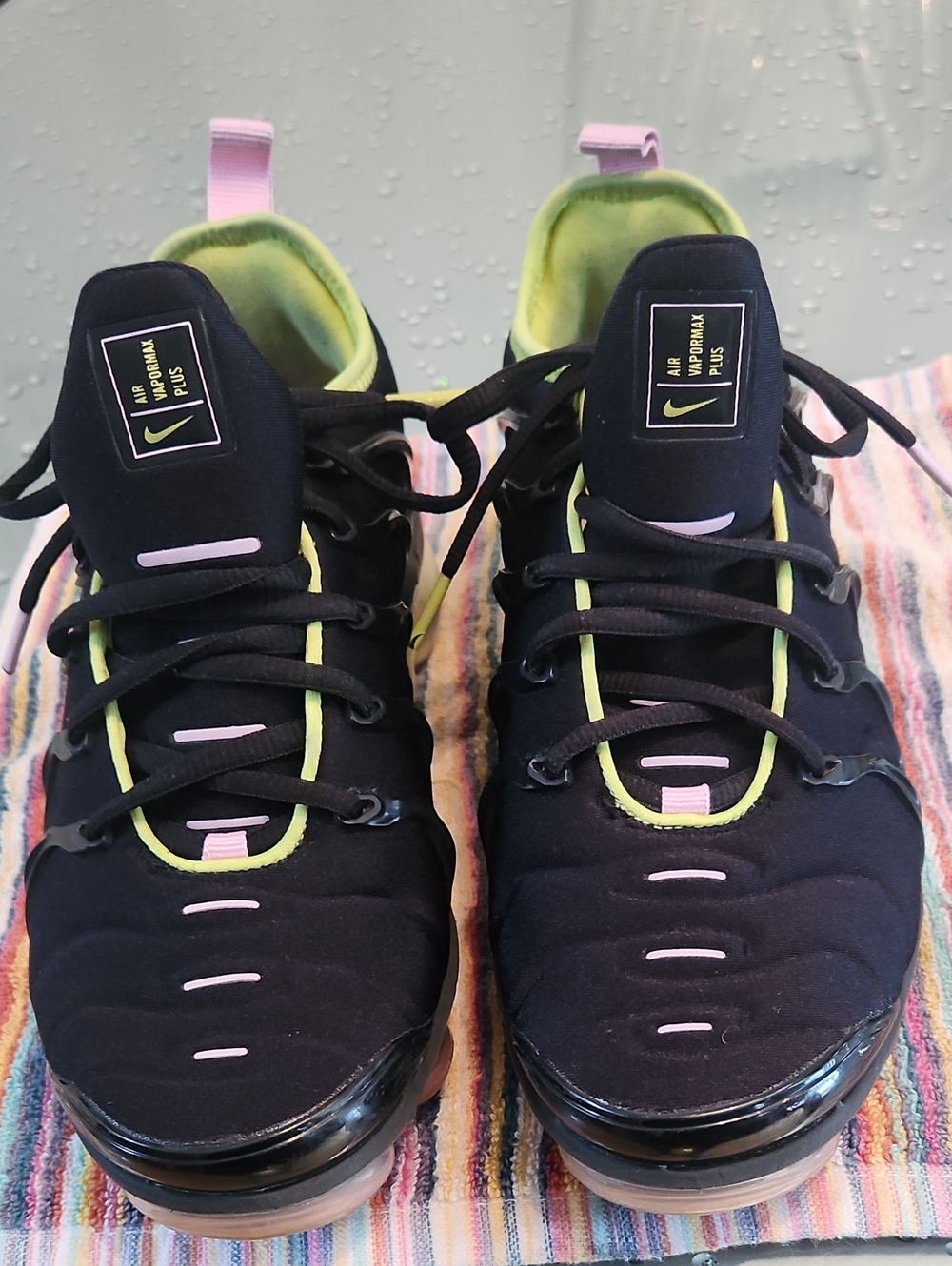 Nike Women’s Black with Pink and Neon Green VaporMax Plus Sneakers
